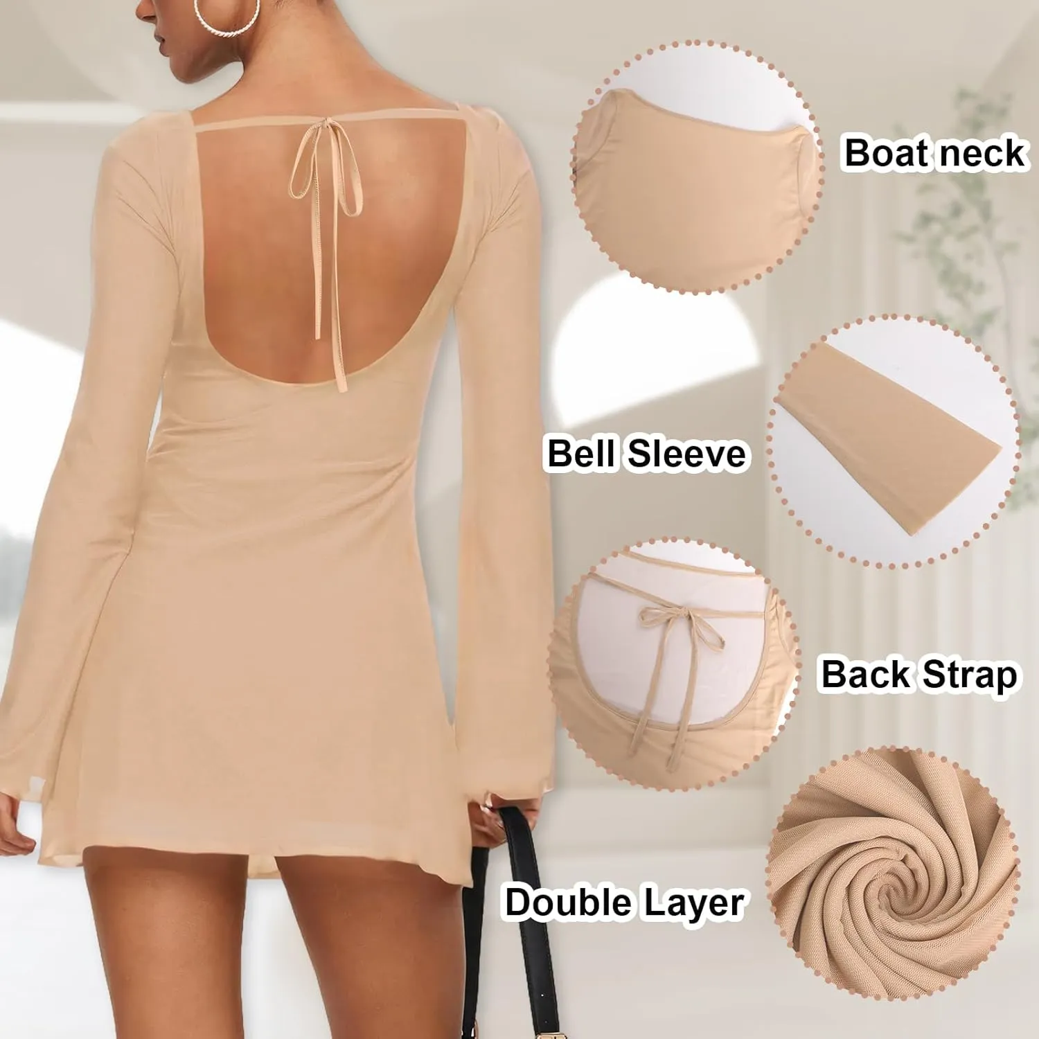 Zwirelz Women Sexy Boat Neck Backless Mesh Mini Dress Y2k Going Out Slim Fit Bell Sleeve Self Tie Back Sheer Short Dresses