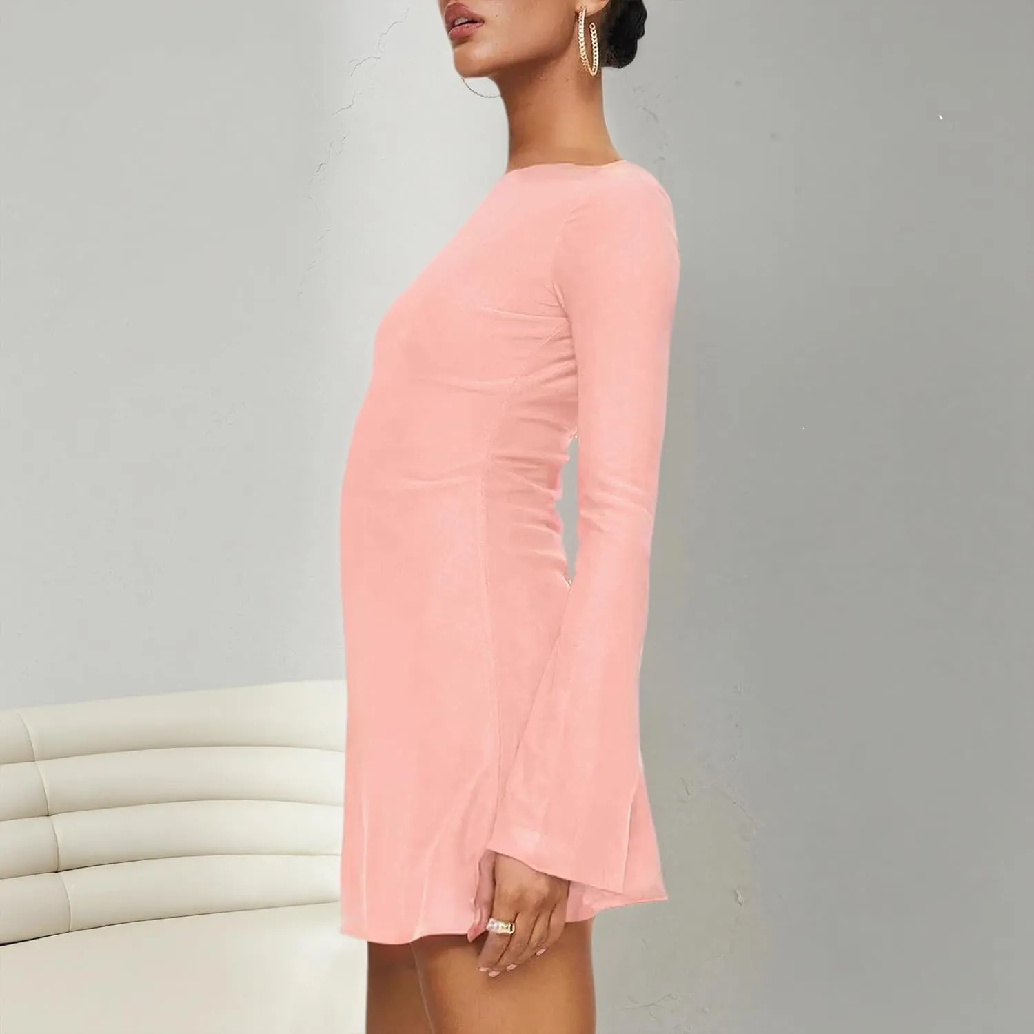 Zwirelz Women Sexy Boat Neck Backless Mesh Mini Dress Y2k Going Out Slim Fit Bell Sleeve Self Tie Back Sheer Short Dresses
