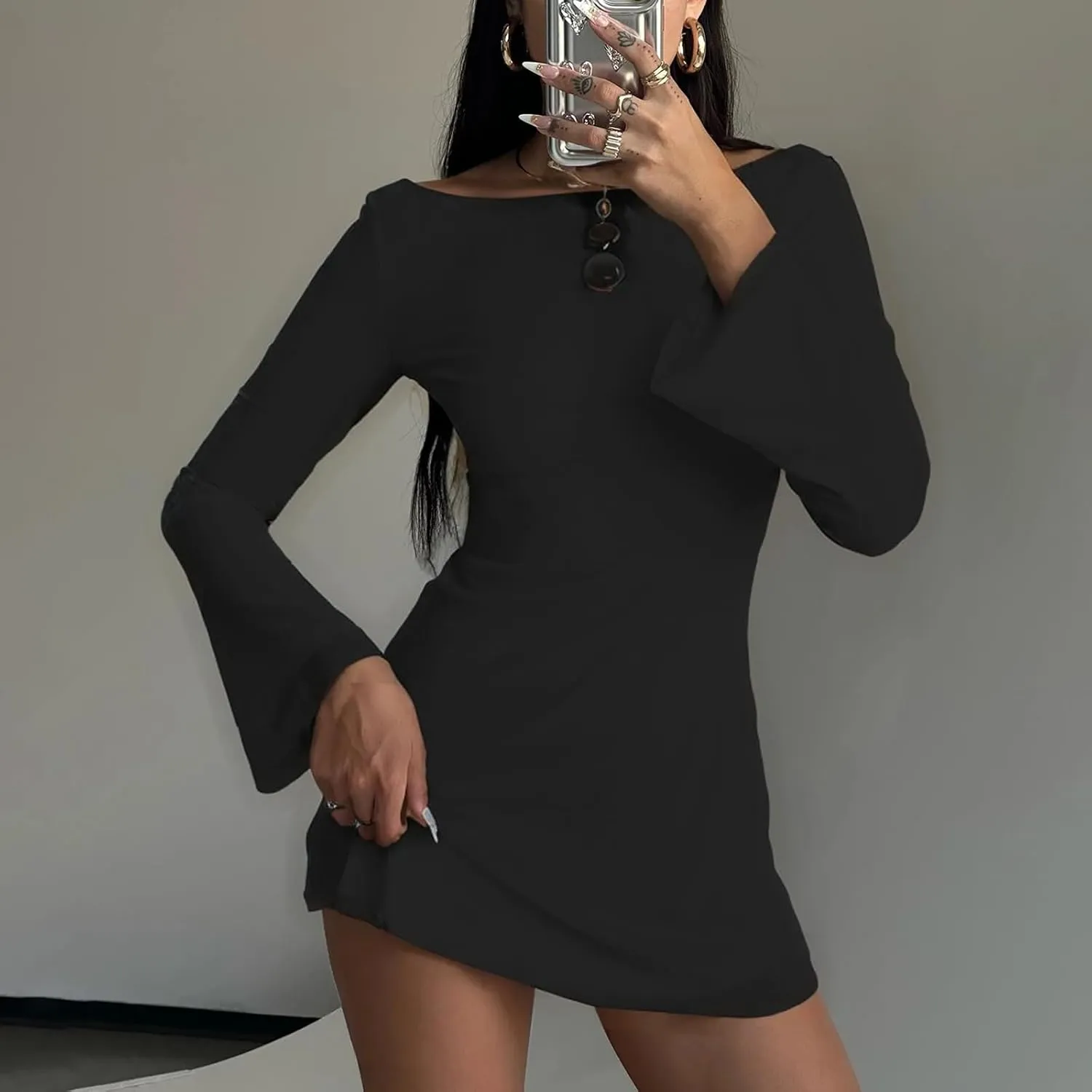Zwirelz Women Sexy Boat Neck Backless Mesh Mini Dress Y2k Going Out Slim Fit Bell Sleeve Self Tie Back Sheer Short Dresses