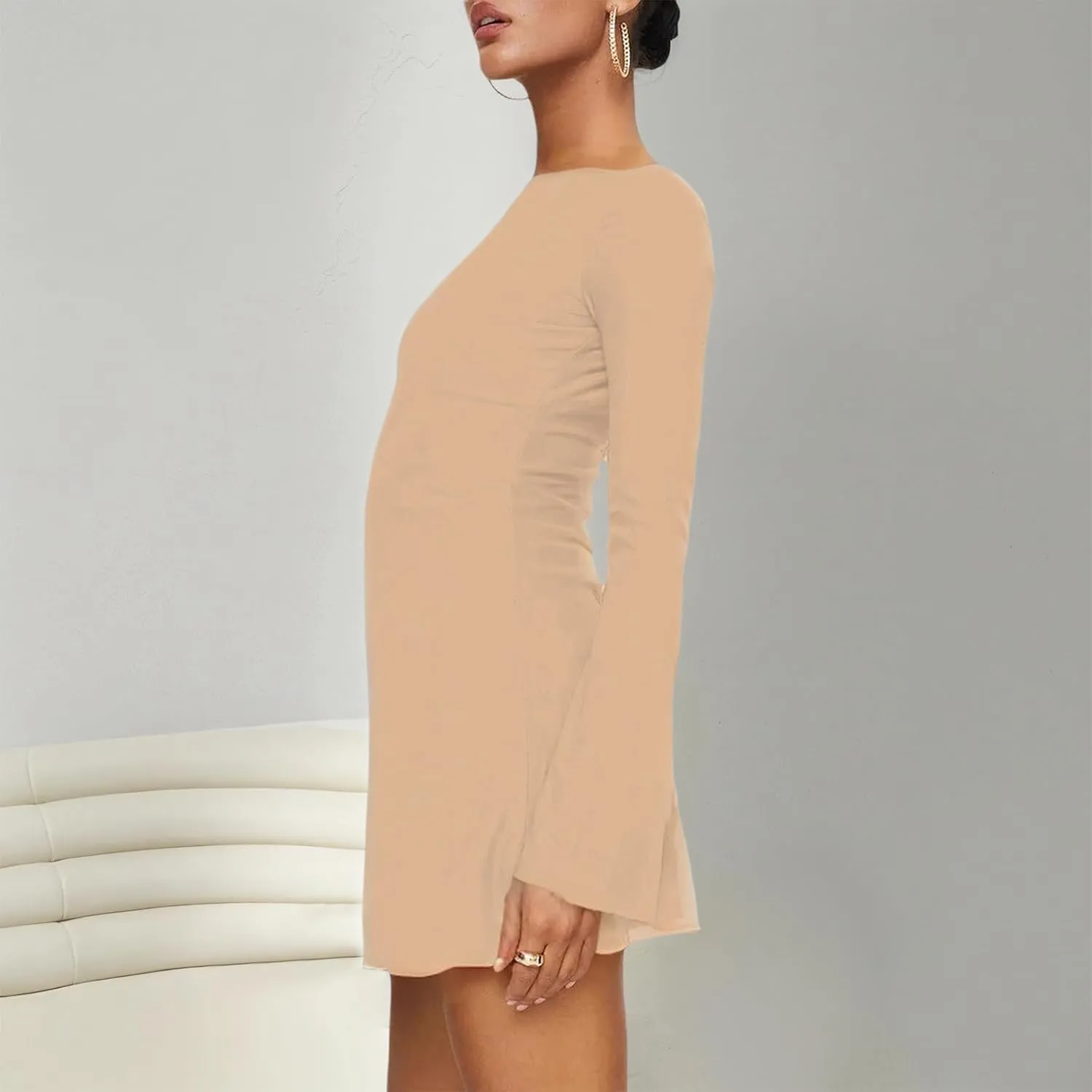 Zwirelz Women Sexy Boat Neck Backless Mesh Mini Dress Y2k Going Out Slim Fit Bell Sleeve Self Tie Back Sheer Short Dresses