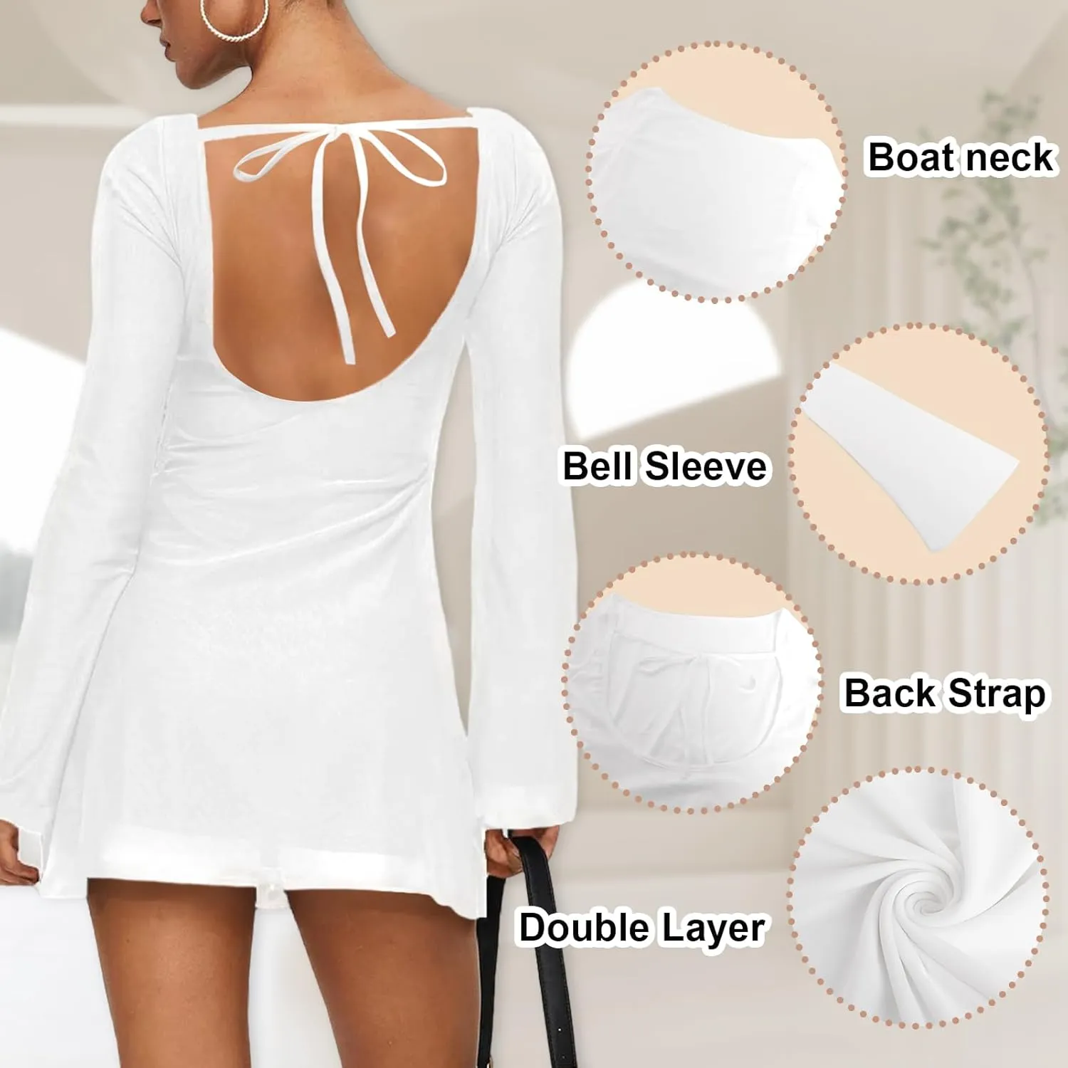 Zwirelz Women Sexy Boat Neck Backless Mesh Mini Dress Y2k Going Out Slim Fit Bell Sleeve Self Tie Back Sheer Short Dresses
