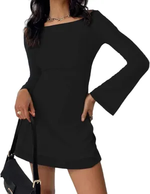 Zwirelz Women Sexy Boat Neck Backless Mesh Mini Dress Y2k Going Out Slim Fit Bell Sleeve Self Tie Back Sheer Short Dresses