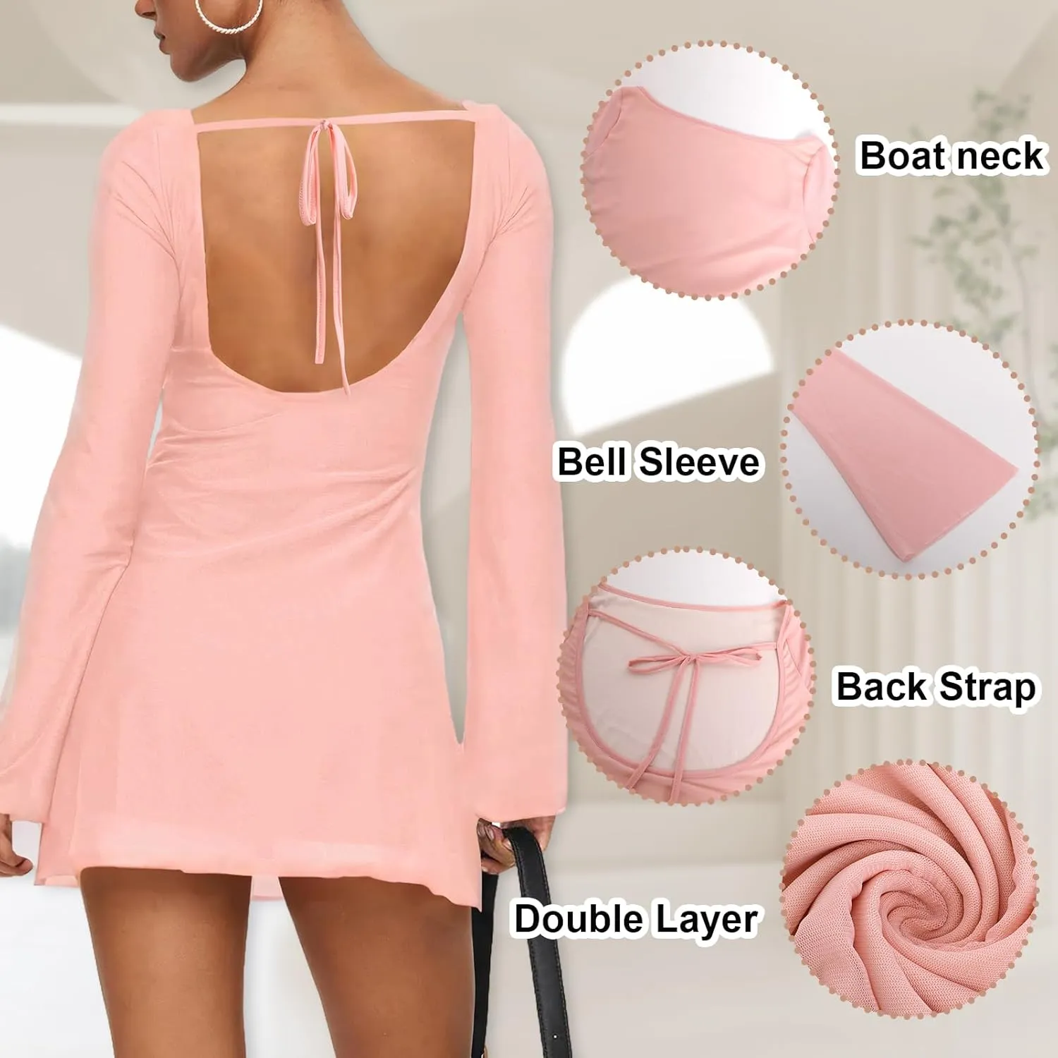 Zwirelz Women Sexy Boat Neck Backless Mesh Mini Dress Y2k Going Out Slim Fit Bell Sleeve Self Tie Back Sheer Short Dresses