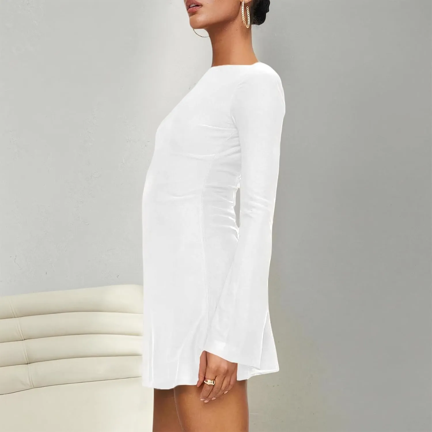 Zwirelz Women Sexy Boat Neck Backless Mesh Mini Dress Y2k Going Out Slim Fit Bell Sleeve Self Tie Back Sheer Short Dresses