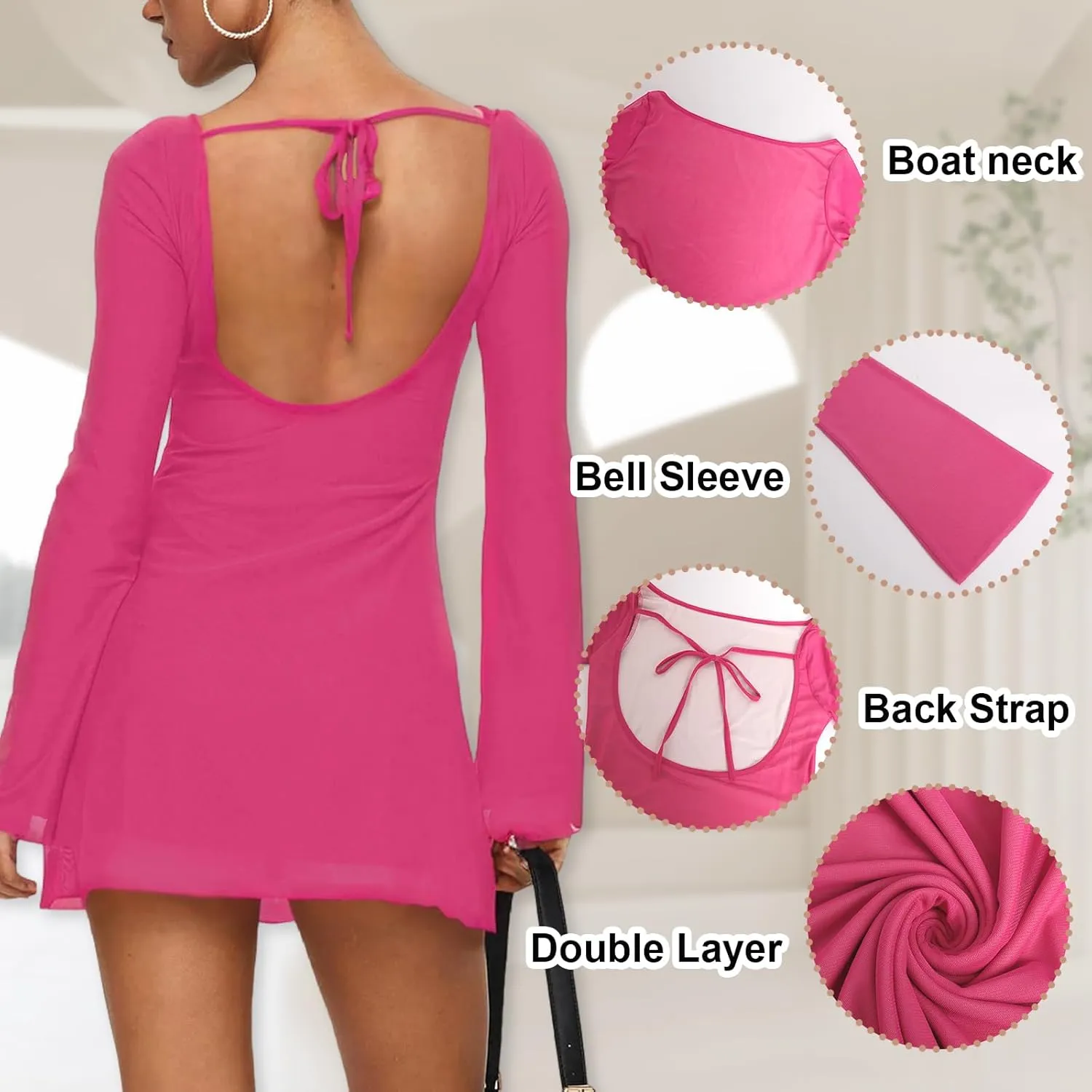 Zwirelz Women Sexy Boat Neck Backless Mesh Mini Dress Y2k Going Out Slim Fit Bell Sleeve Self Tie Back Sheer Short Dresses