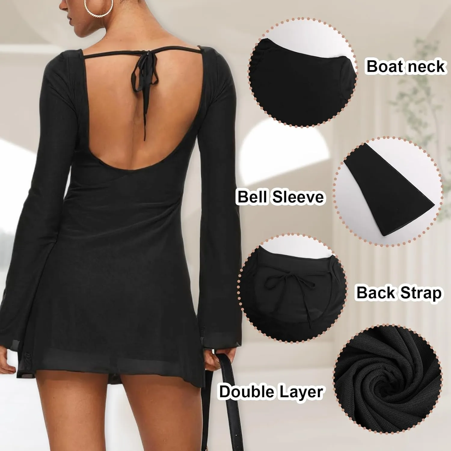 Zwirelz Women Sexy Boat Neck Backless Mesh Mini Dress Y2k Going Out Slim Fit Bell Sleeve Self Tie Back Sheer Short Dresses