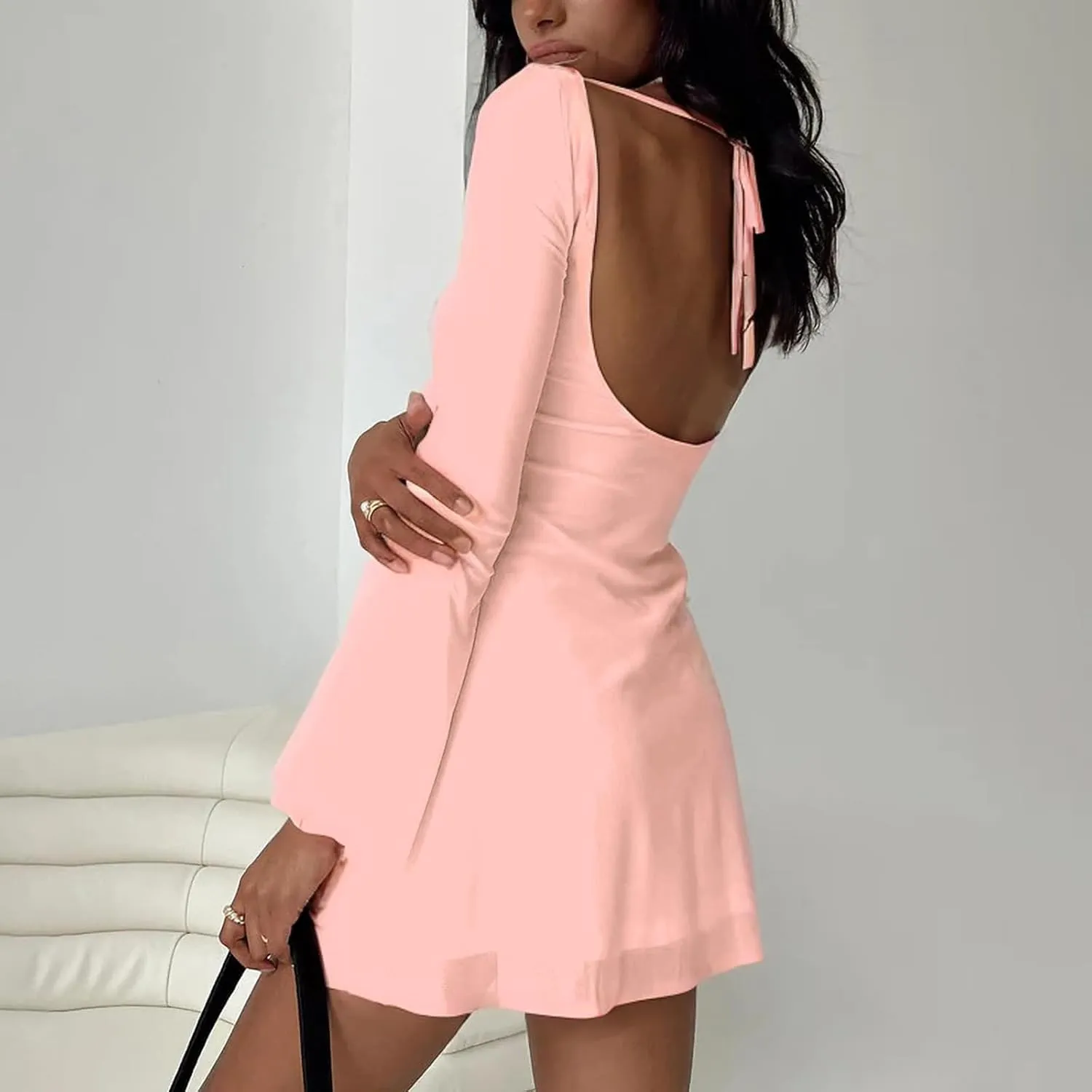 Zwirelz Women Sexy Boat Neck Backless Mesh Mini Dress Y2k Going Out Slim Fit Bell Sleeve Self Tie Back Sheer Short Dresses