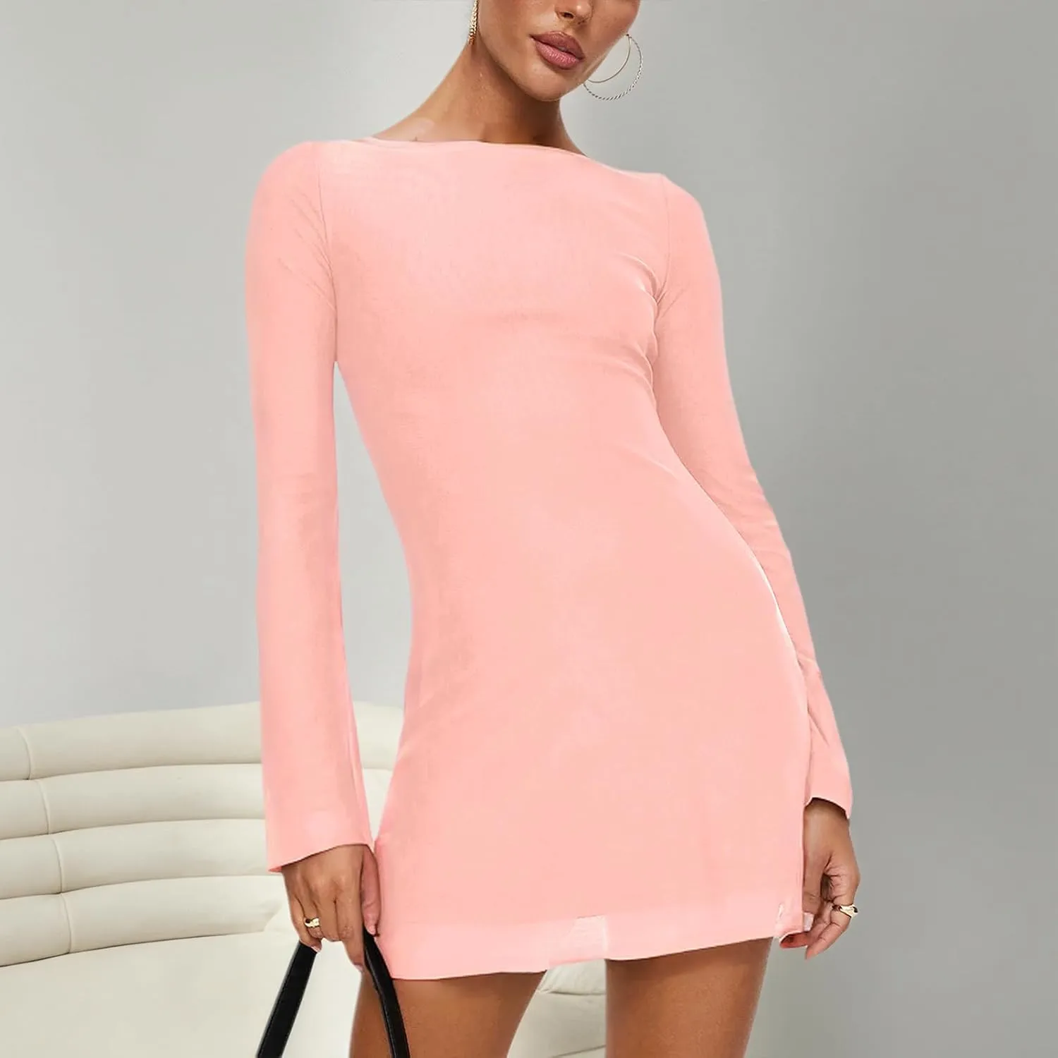 Zwirelz Women Sexy Boat Neck Backless Mesh Mini Dress Y2k Going Out Slim Fit Bell Sleeve Self Tie Back Sheer Short Dresses