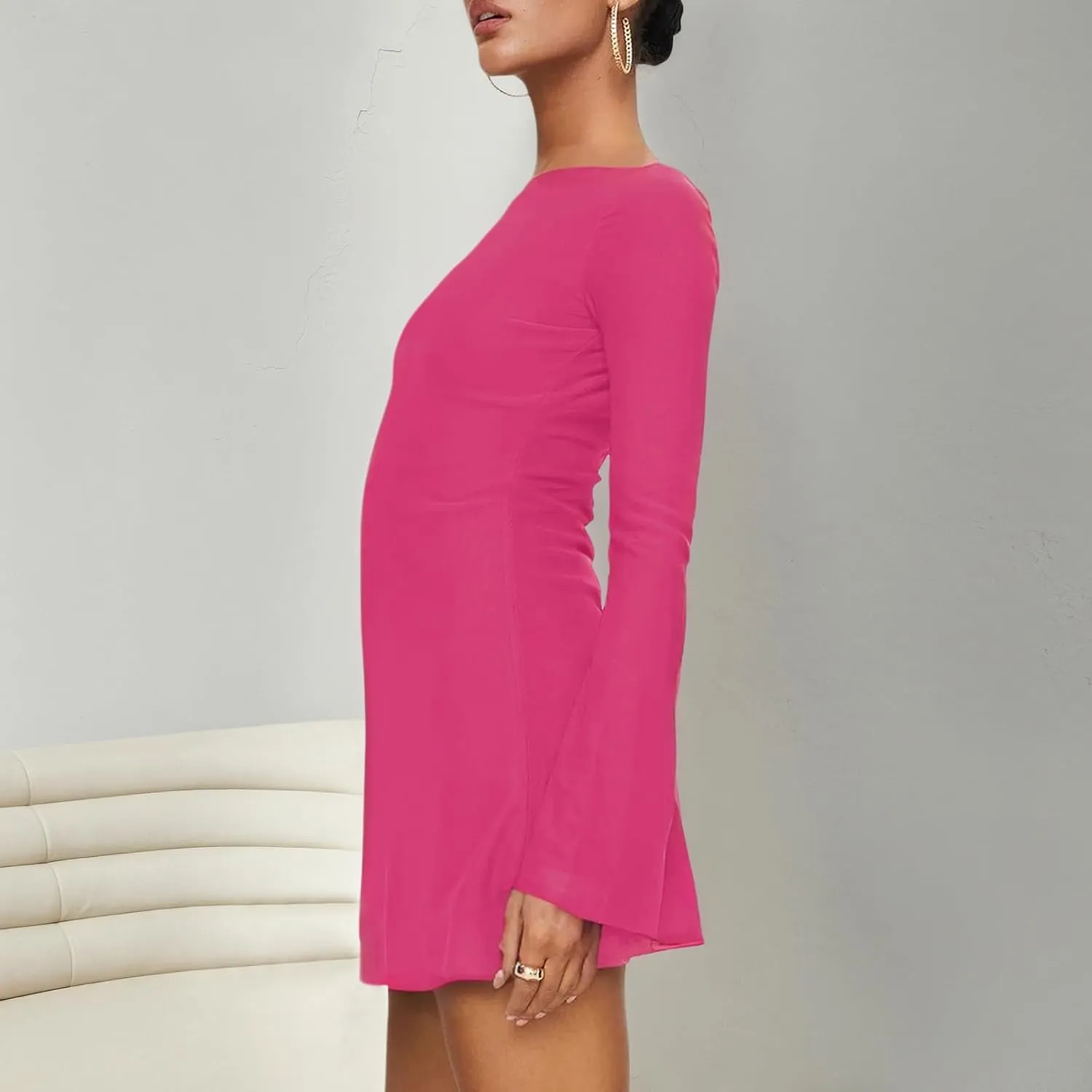 Zwirelz Women Sexy Boat Neck Backless Mesh Mini Dress Y2k Going Out Slim Fit Bell Sleeve Self Tie Back Sheer Short Dresses