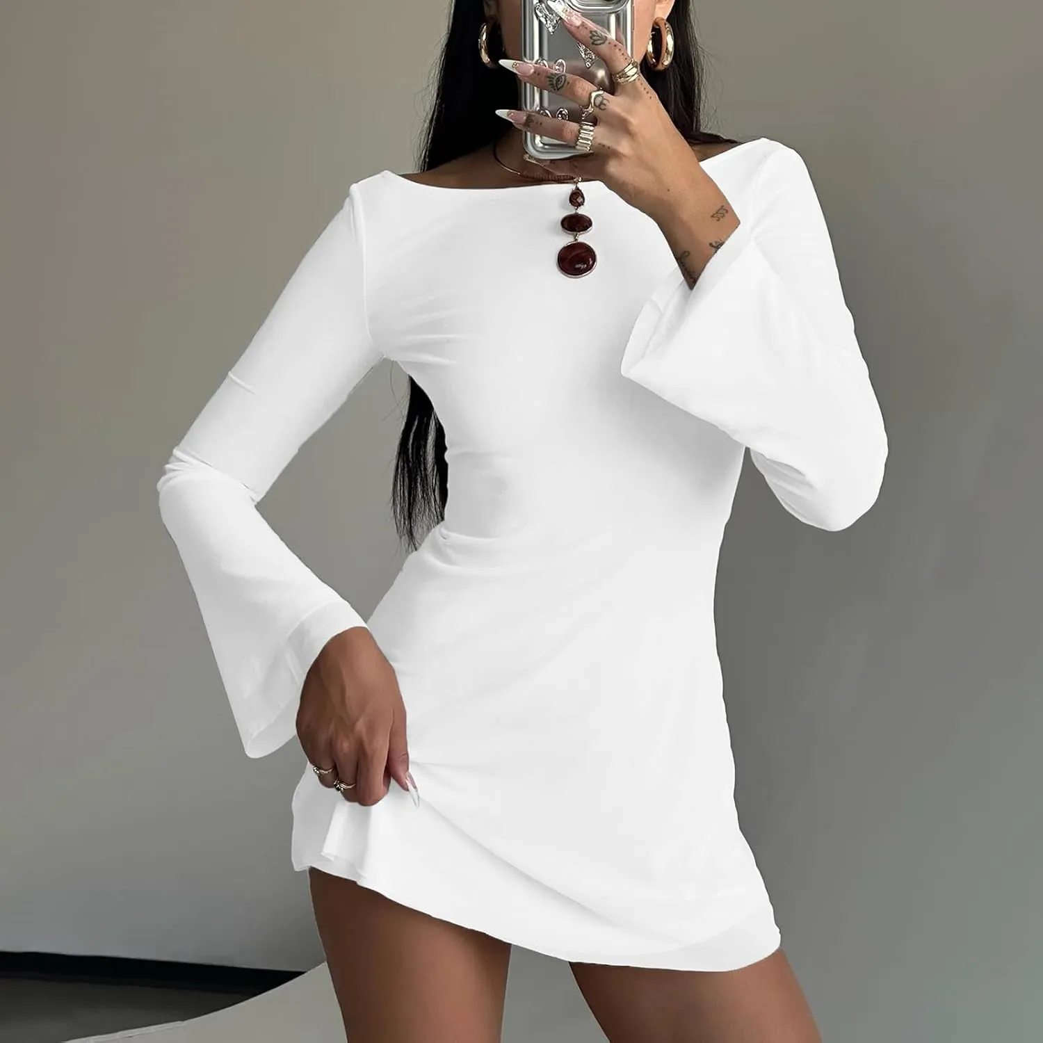 Zwirelz Women Sexy Boat Neck Backless Mesh Mini Dress Y2k Going Out Slim Fit Bell Sleeve Self Tie Back Sheer Short Dresses