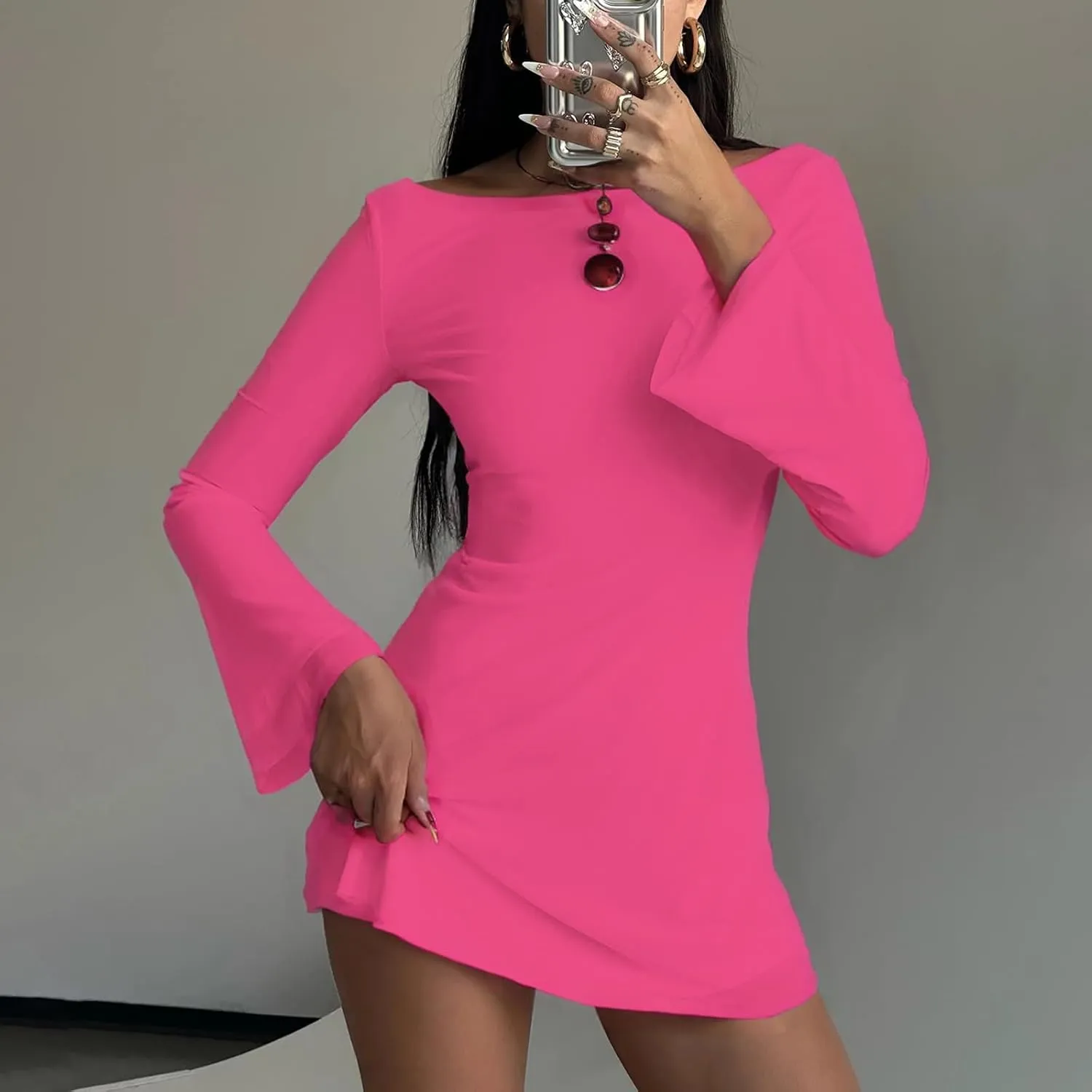 Zwirelz Women Sexy Boat Neck Backless Mesh Mini Dress Y2k Going Out Slim Fit Bell Sleeve Self Tie Back Sheer Short Dresses